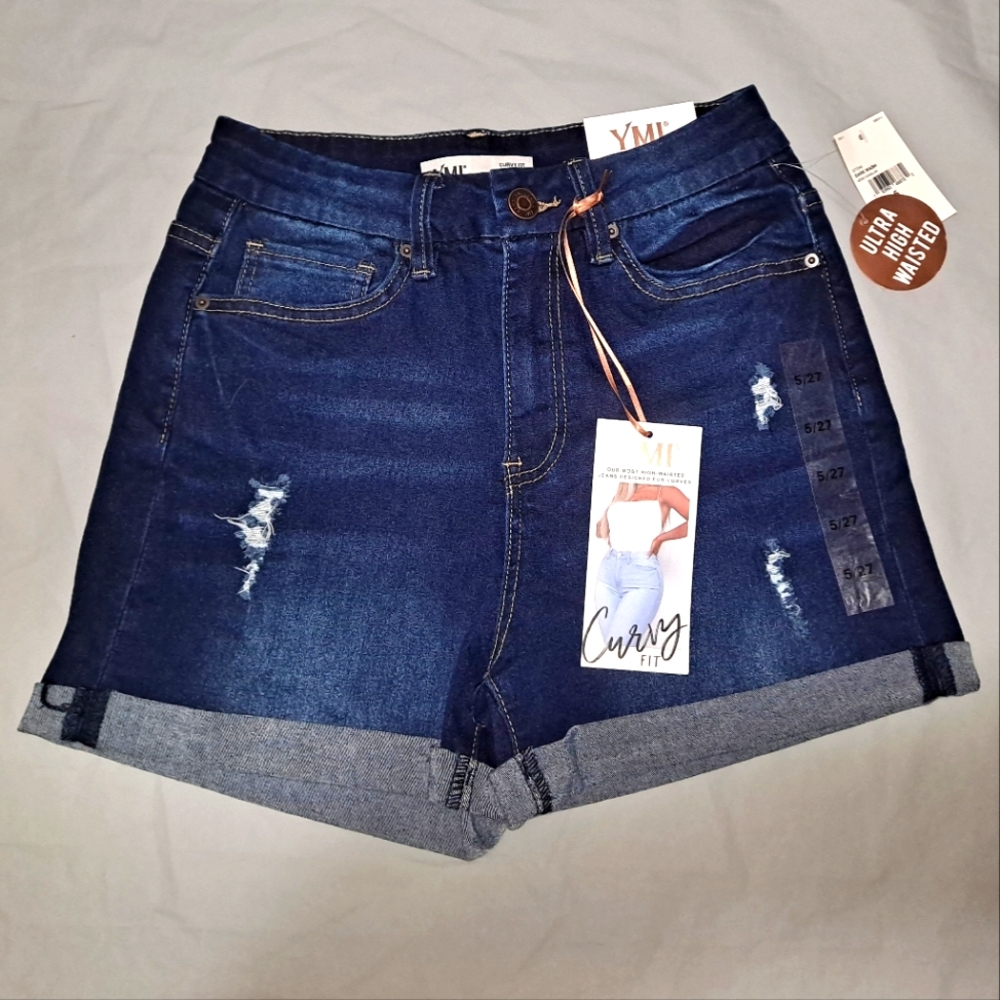 "NWT" YMI Curvy-Fit Ultra High-Waisted Shorts Women's Size 5 Blue Stretch Denim